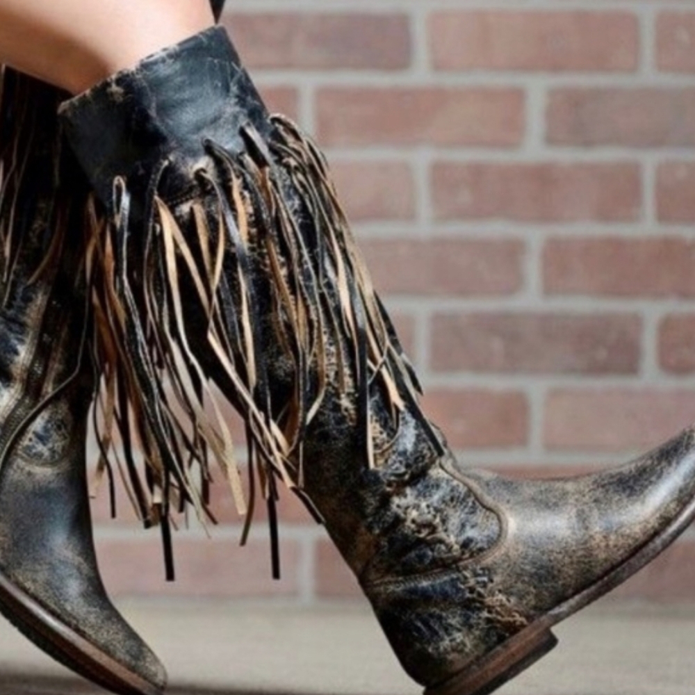 Bed Stu Hooplia Distressed Black and Tan Over the Knee Boots